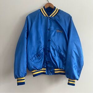 Blue Nylon Varsity Jacket. Bus Driver Motif
